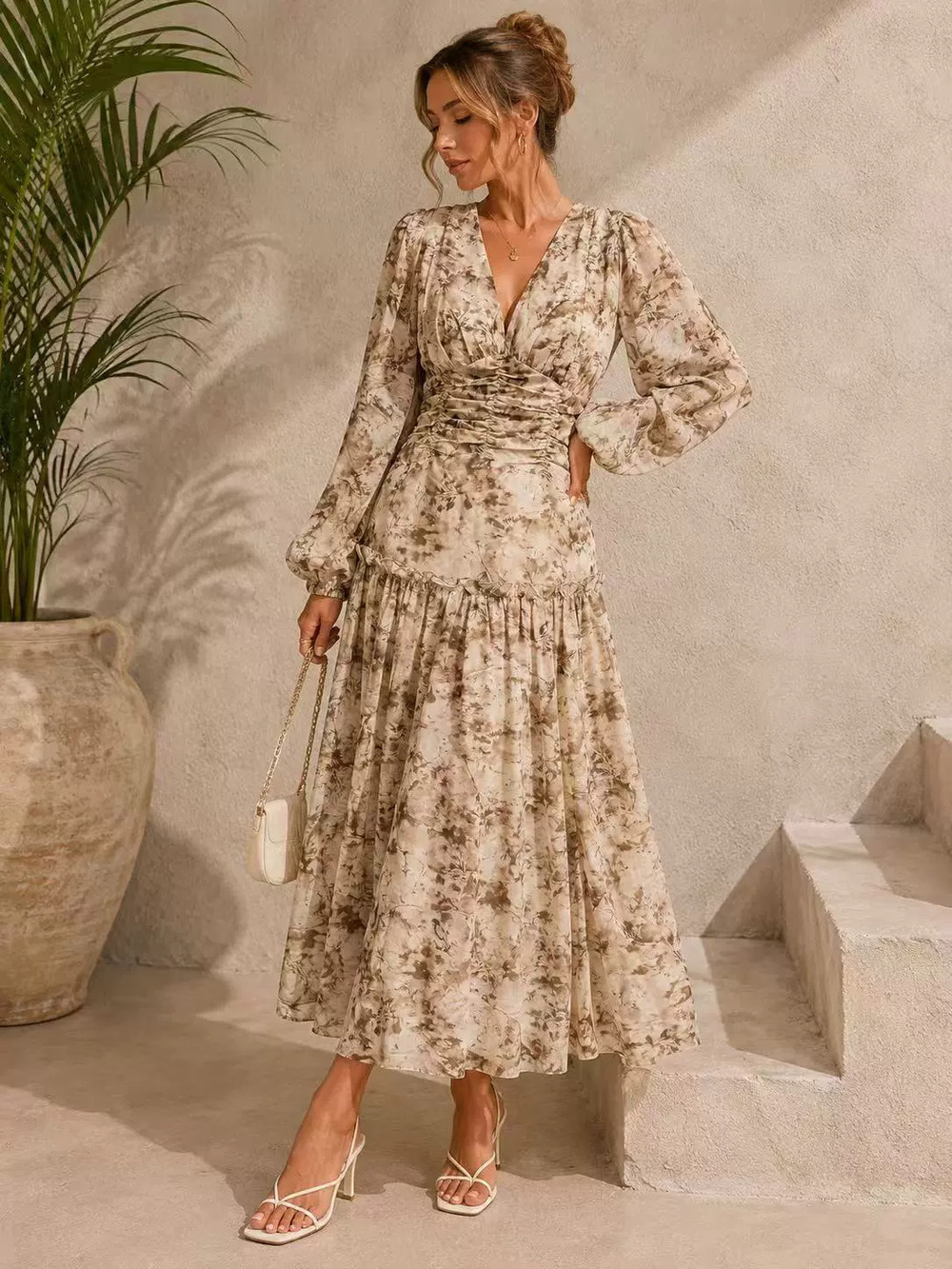 ZARA Autumn Winter Fashion Printed Collar Loose Ruffled Hem Midi Dress